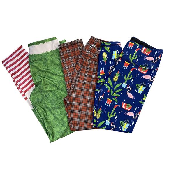 Miami Fitwear Leggings Womens Large Lot of 3 Christmas Elf Tartan Plaid Flamingo - Picture 1 of 13